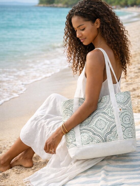Handmade Handbags - White and Turquoise Mandela Pattern Fabric Tote Bag Stylish Patterned Tote Bag